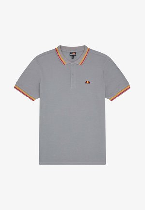 Szara koszulka polo z bawełnianej tkaniny, z trzema guzikami, oraz kolorowymi paskami na kołnierzyku i rękawach. Wyszywane logo Ellesse.