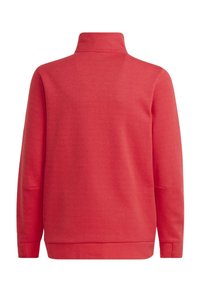 Felpa rossa con colletto alto, maniche lunghe e tasche laterali. Realizzata in tessuto morbido con una consistenza liscia e polsini e orlo a coste.