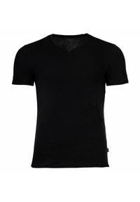 T-shirt nero a maniche corte da uomo con scollo a V, design semplice e piccolo etichetta del brand sul lato inferiore della cucitura.
