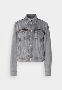 Grijze denim jas met een cropped ontwerp, twee borstzakken, knoopsluiting en zichtbare stikaccenten. Lange mouwen met manchetten.