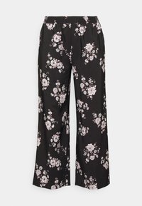 Svarta blommiga byxor med en vid bendesign, tillverkade av ett lätt tyg, med mönster av rosa och vita blommor samt ett elastiskt midjeband.