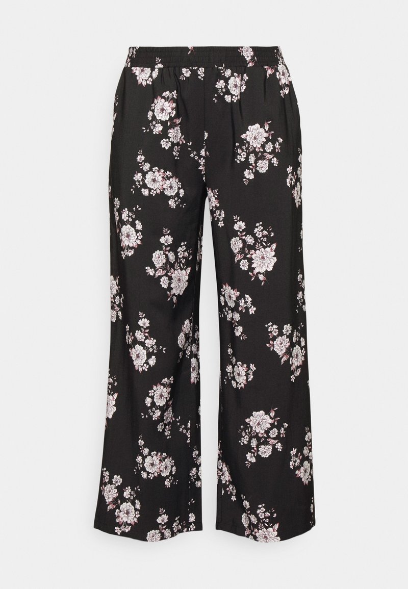 Svarta blommiga byxor med en vid bendesign, tillverkade av ett lätt tyg, med mönster av rosa och vita blommor samt ett elastiskt midjeband.