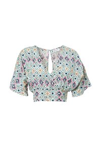 Blusa a maniche corte con un motivo geometrico multicolore, scollatura a V e dettaglio a occhiello sulla schiena. Realizzata in tessuto leggero.