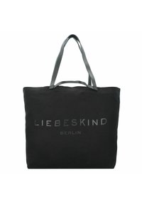 Svart canvasaxelväska med grå läderhandtag, med en framträdande tryckt logotyp: "LIEBESKIND BERLIN" i silver. Enkel, rektangulär design.