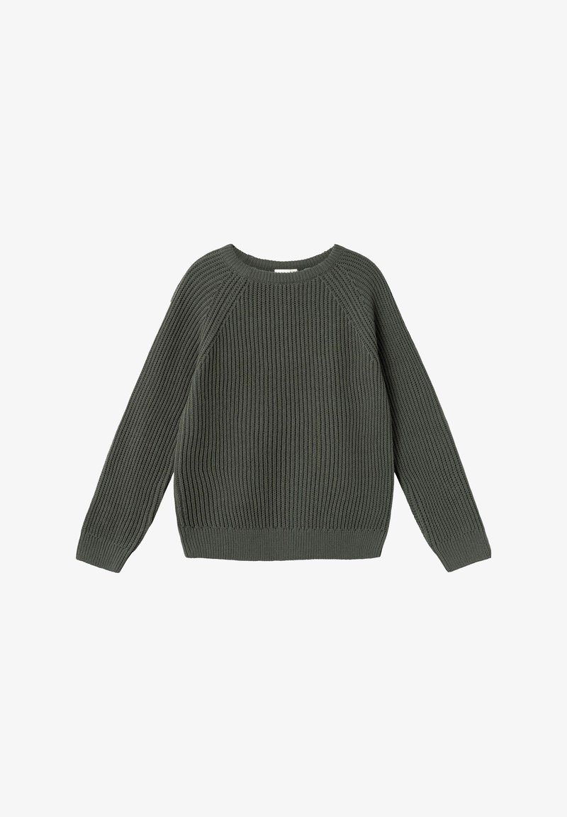 Zöld kötött pulóver bordázott textúrával, kerek nyakkivágással és hosszú raglánujjakkal; laza fazon és derékig érő szegély.