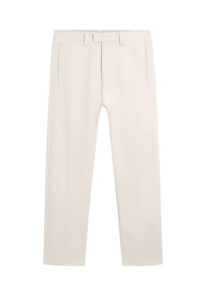 Beige slim-fit broek met riemlussen, verborgen voorzijde sluiting en zijzakken met een split, weergegeven op een witte achtergrond.
