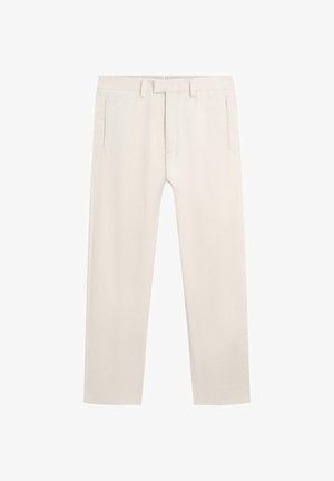 Beige slim-fit broek met riemlussen, verborgen voorzijde sluiting en zijzakken met een split, weergegeven op een witte achtergrond.