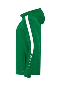 Grüne Kapuzenjacke mit weißen Seiteneinsätzen, einer strukturierten Kapuze, Vorderentaschen und Knopfakzenten an den Ärmeln. Hergestellt aus weichem Stoff.