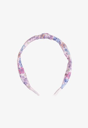 Bloemgestoffeerde haarband in pastelkleuren, met roze, blauwe en paarse tinten en cartoonachtige ontwerpen, en een zachte, gestructureerde afwerking.