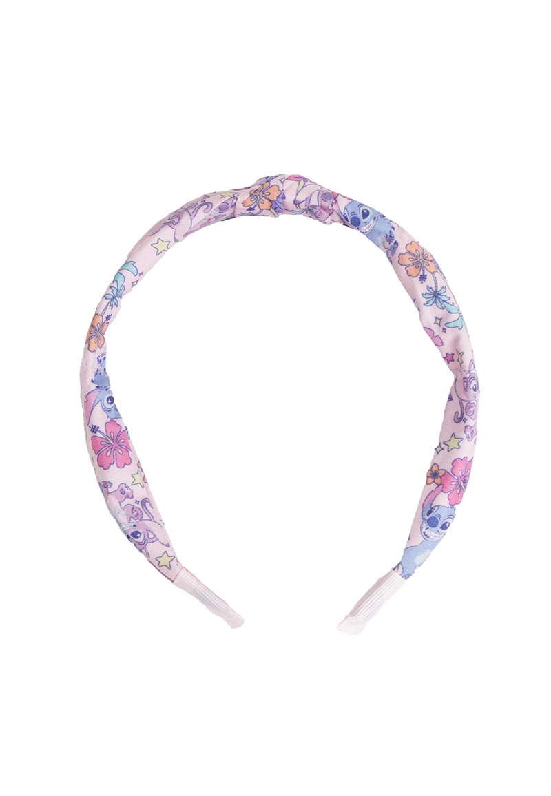 Bloemgestoffeerde haarband in pastelkleuren, met roze, blauwe en paarse tinten en cartoonachtige ontwerpen, en een zachte, gestructureerde afwerking.