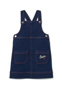Dunkelblaues Jeans-Overall-Kleid mit verstellbaren Trägern, zwei vorderen Taschen und roten Nähten. Mit besticktem "love"-Detail auf der Tasche.