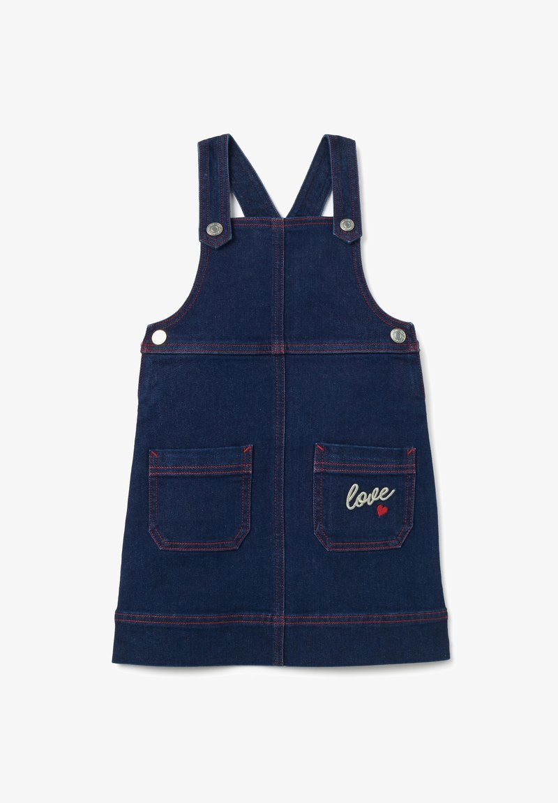 Dunkelblaues Jeans-Overall-Kleid mit verstellbaren Trägern, zwei vorderen Taschen und roten Nähten. Mit besticktem "love"-Detail auf der Tasche.