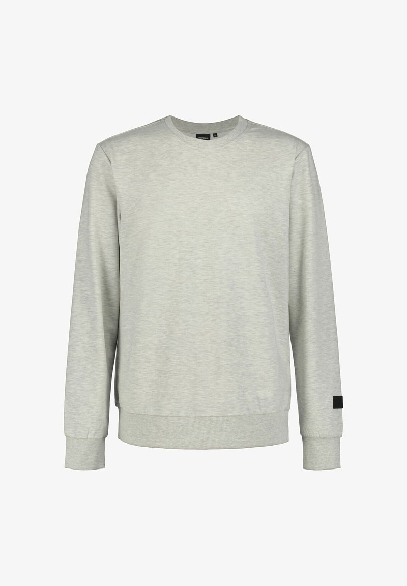 Lichtgrijze sweatshirt met lange mouwen, ronde hals, geribbelde manchetten en zoom. Voorzien van een klein zwart label aan de onderzijde links.