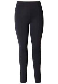 Zwarte high-waisted leggings van rekbaar materiaal, met een glad oppervlak en zijnaad voor een aansluitende pasvorm.