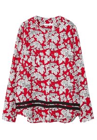 Camicia rossa con motivi floreali bianchi di foglie e fiori. Presenta maniche lunghe, scollo rotondo e un accento nero lungo l'orlo.