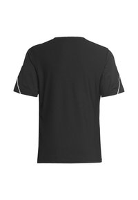 T-shirt noir à manches courtes présentant un motif texturé, un col rond et des accents réfléchissants sur les épaules. Tissu doux et respirant.