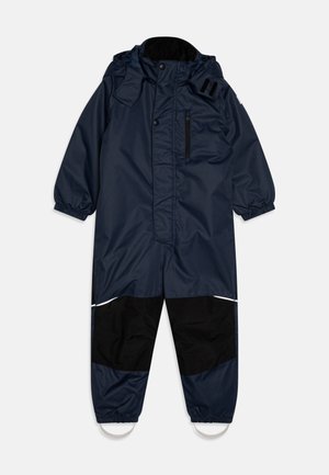 Navy blue waterproof snowsuit with a zippered pocket, elastic cuffs, black accents, and reflective strip on legs. Features a hood and snap buttons.