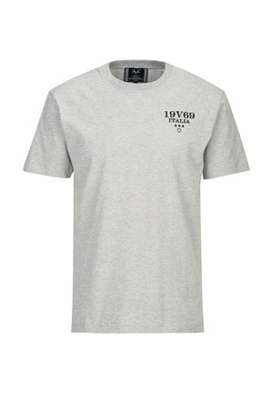 Graues Baumwoll-T-Shirt mit kurzen Ärmeln, Rundhalsausschnitt, mit schwarzem Text "19V69 ITALIA" und drei Sternen auf der linken Brust.