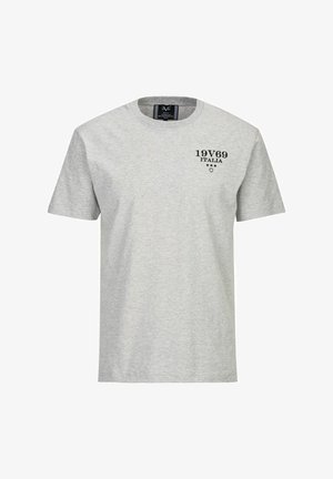 Graues Baumwoll-T-Shirt mit kurzen Ärmeln, Rundhalsausschnitt, mit schwarzem Text "19V69 ITALIA" und drei Sternen auf der linken Brust.