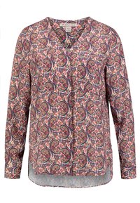 Langærmet skjorte med et farverigt paisley-mønster i pink, lilla og blå. V-hals design med knapdetaljer og en let buet kant.