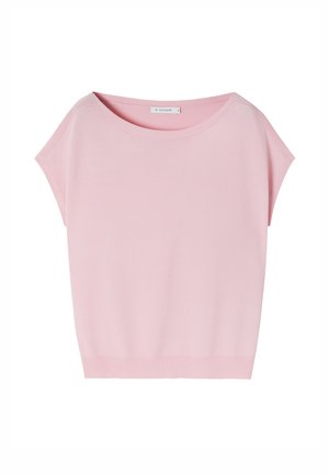 Helles pinkes Kurzarmshirt aus weichem Material mit weitem Ausschnitt und lockerer Passform. Verfügt über eine glatte Textur und einen gerippten Saum.