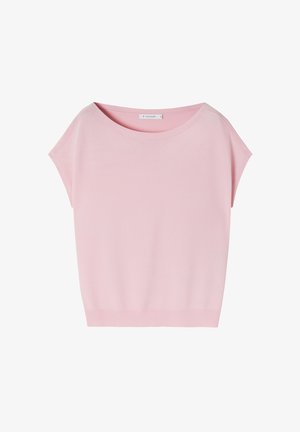Light pink short-sleeved top made from soft material with a wide neckline and a relaxed fit. Features a smooth texture and ribbed hem.