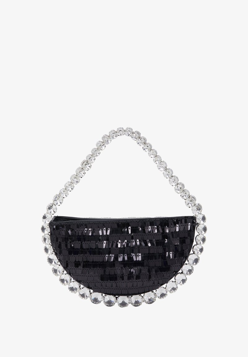 Fekete flitteres félhold táska, kristály gyöngyökkel díszített fogantyúval és cipzáros zárással. Csillogó felület, texturált kivitel.