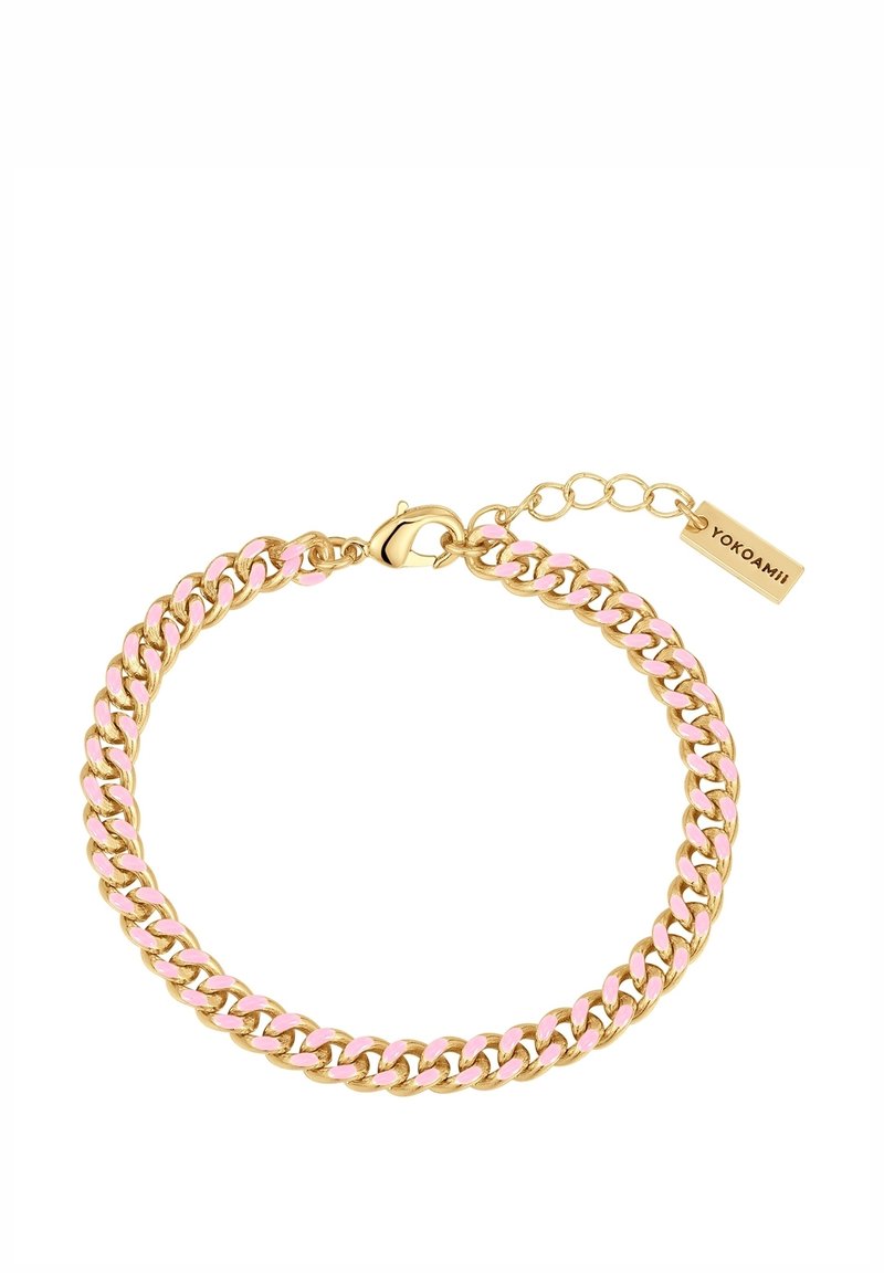 Kuldne ahel käevõru roosa emaili detailidega. Omab omavahel ühendatud linksidega ja karabiiniga sulgemist. Sisaldab sildi kaubamärgiga "YOKOAMII."