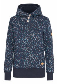 Marinblå sweatshirt med ett mönster av ljusblå och beige prickar. Har en hög krage, tre träknappar och ribbade ärmslut.