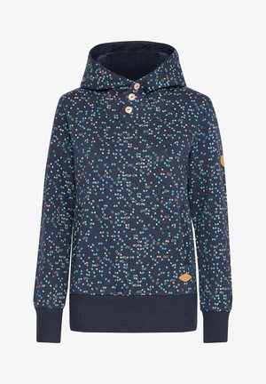 Marinblå sweatshirt med ett mönster av ljusblå och beige prickar. Har en hög krage, tre träknappar och ribbade ärmslut.
