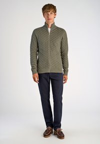 Ljust olivgrön zip-up stickad tröja med texturerat diamantsmönster, kombinerad med marina byxor och bruna seglarskor. Slät finish, figursydd design.
