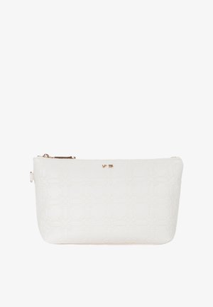 Pocchetto bianco in materiale sintetico con una trama testurizzata, caratterizzato da un motivo floreale geometrico, chiusura con zip e dettagli in metallo dorato.