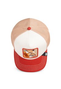 Tan and red cap with a mesh back, featuring a front patch of a fox. Red stitching on the brim and a red button on top.