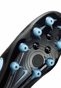 Football cleat sole featuring a black base, curved shape, and multiple blue traction studs arranged in a circular pattern.