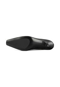 Scarpa nera con tacco alto, punta affusolata, parte superiore in pelle liscia e suola texturizzata. Presenta un design elegante e accenti minimalisti.