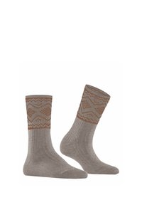Graue gestrickte Socken mit einem strukturierten, diamantförmigen, braunen Bündchen und Rippendetails am Knöchel. Weiches Material und gemütliche Form.