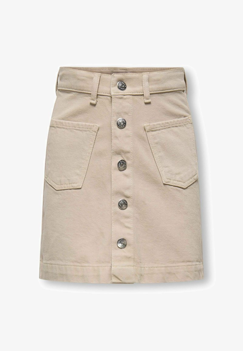 Jupe en denim beige avec boutons métalliques à l'avant, deux poches avant et passants pour ceinture, présentée à plat sur fond blanc.