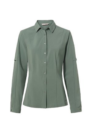 Grünes Langarmshirt mit Knopfverschluss, Kragen und hochrollbaren Ärmeln, aus einem glatten Stoff mit taillierter Silhouette.