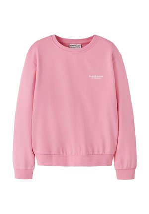 Rosa Sweatshirt mit Rundhalsausschnitt, gerippten Bündchen und Saum, mit kleinem weißen Text "Tropic Haven in Honolulu" auf der linken Brust.