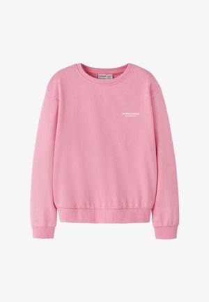 Sweat-shirt rose à col rond avec poignets et ourlet côtelés, arborant un petit texte blanc "Tropic Haven à Honolulu" sur le côté gauche de la poitrine.