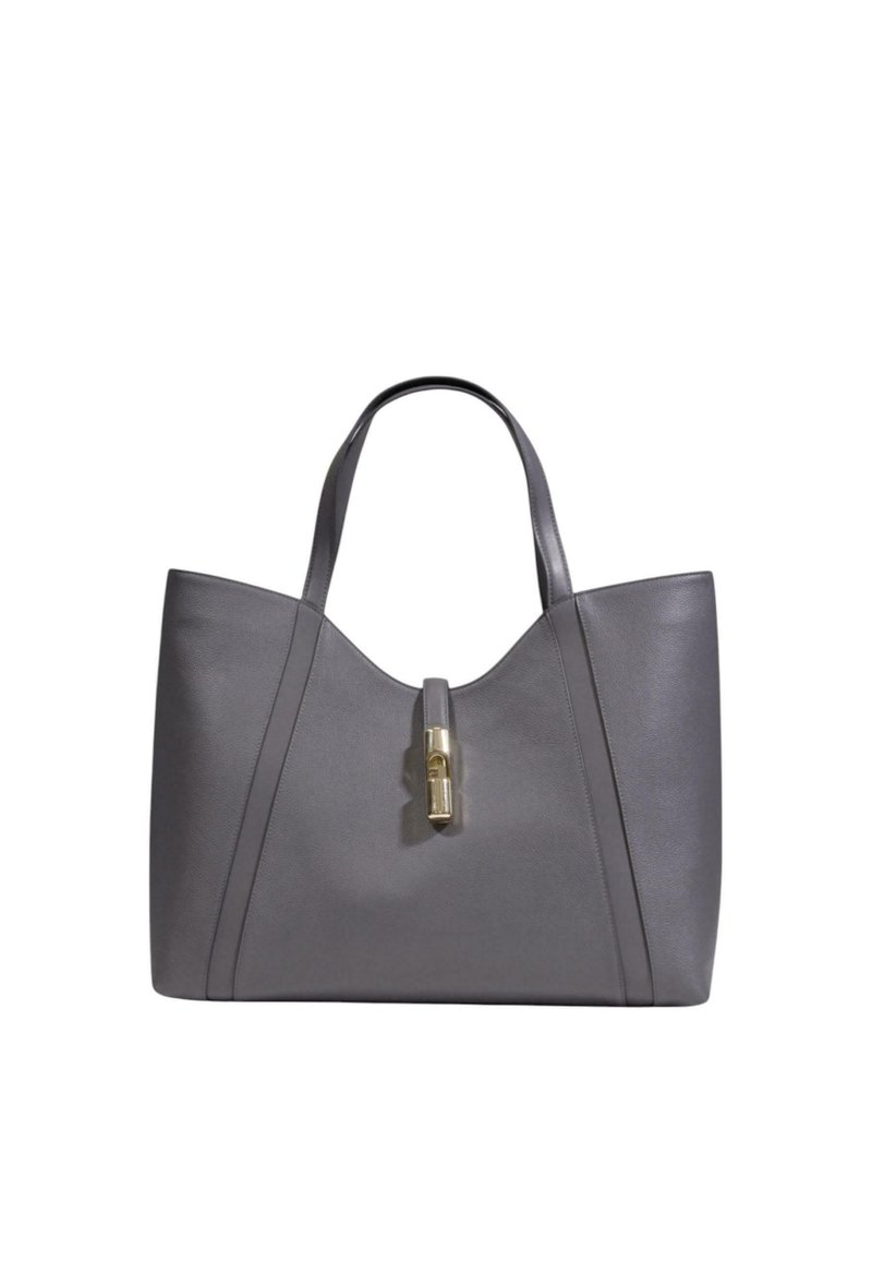 Borsa a tote in pelle grigia con lati strutturati, manici doppi e dettagli in metallo dorato al centro. Texture liscia con design minimalista.