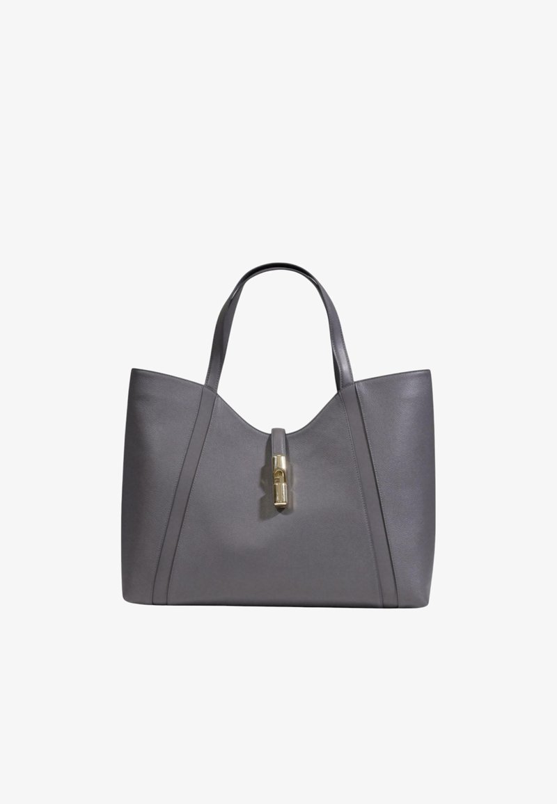 Grijze leren tote bag met gestructureerde zijkanten, dubbele handvatten en een goudkleurige sluiting in het midden. Glad oppervlak met een minimalistisch ontwerp.
