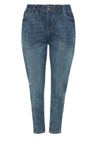 Mörkblå denimjeans med avsmalnande ben, elastisk midjeresår och två framfickor. Har lätt blekning och knappstängning.