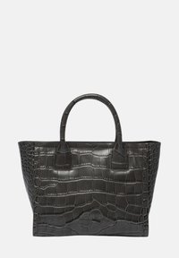 Zwarte tote bag van geembosserd krokodillenleer. Voorzien van twee stevige handvatten en een gestructureerde rechthoekige vorm.