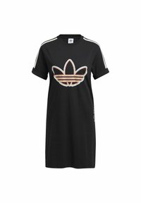 Abito t-shirt in cotone nero con maniche corte arrotolate, caratterizzato da un logo ricamato multicolore sul davanti e tre strisce bianche sulle spalle.