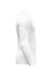 Langärmliges weißes Hemd aus strukturiertem Stoff, mit figurbetontem Schnitt und rundem Ausschnitt. Glatte Oberfläche ohne sichtbare Muster oder Akzente.