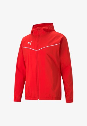 Red windbreaker jacket with a hood, made of lightweight material. Features white piping detail and a logo on the left chest. Full front zipper.
