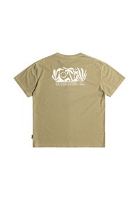 Olive green short-sleeve t-shirt made from soft cotton, featuring a white graphic design on the back with floral accents and logo text.