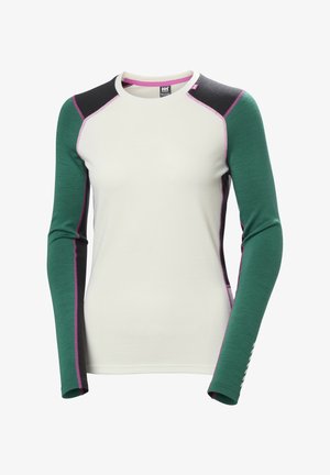 Long-sleeve athletic top featuring a white body, green textured sleeves, and black shoulder accents with pink stitching.