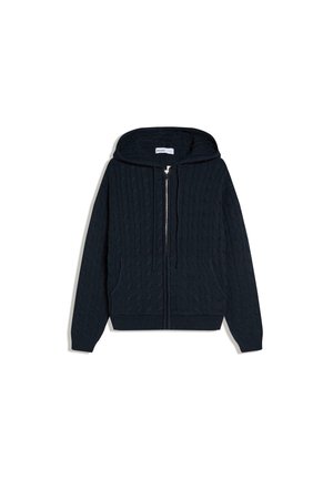 Hanorac albastru închis, tricotat, cu fermoar, model cu cablu, buzunare frontale și șnururi la glugă.